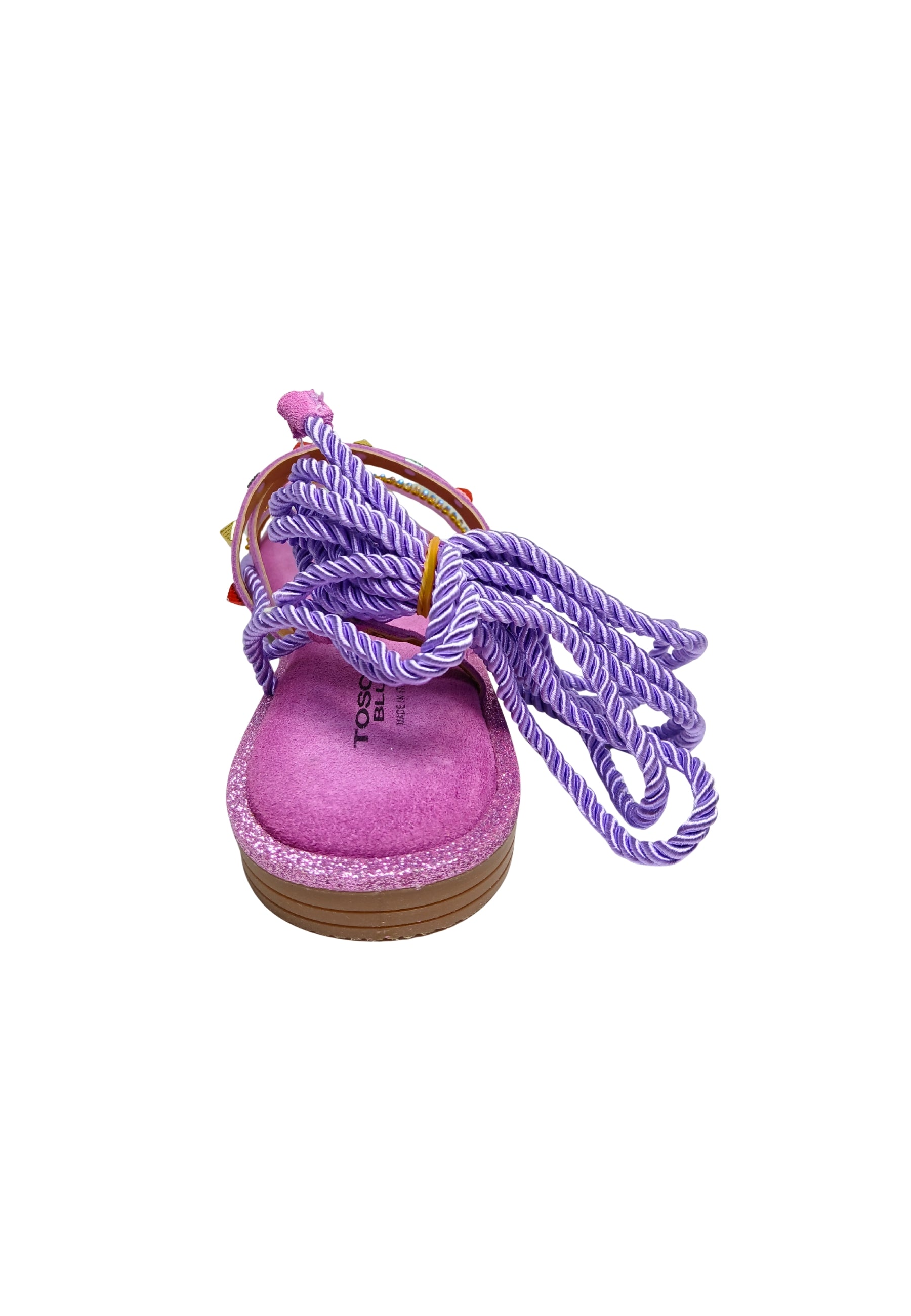 Scarpe Donna Tosca Blu Sandalo Hibiscus dalla forma semi quadrata, tomaia composta da trecce e fascette strassate e con micro borchie.