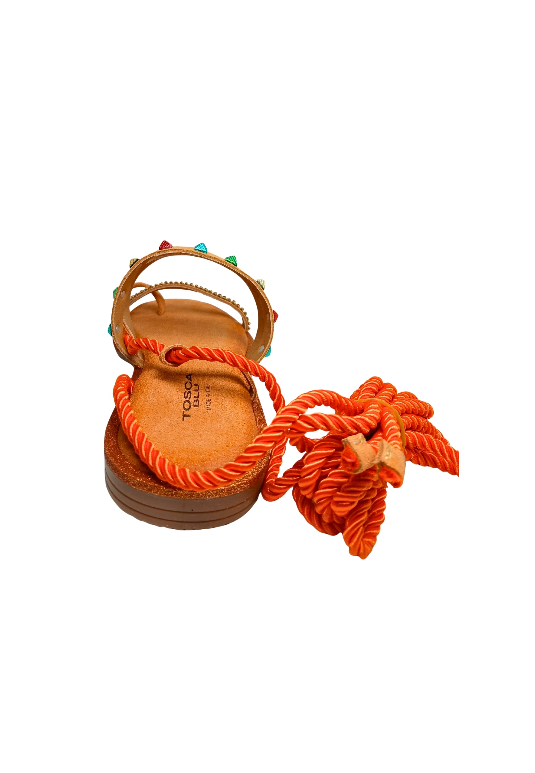 Scarpe Donna Tosca Blu Sandalo Hibiscus dalla forma semi quadrata, tomaia composta da trecce e fascette strassate e con micro borchie.