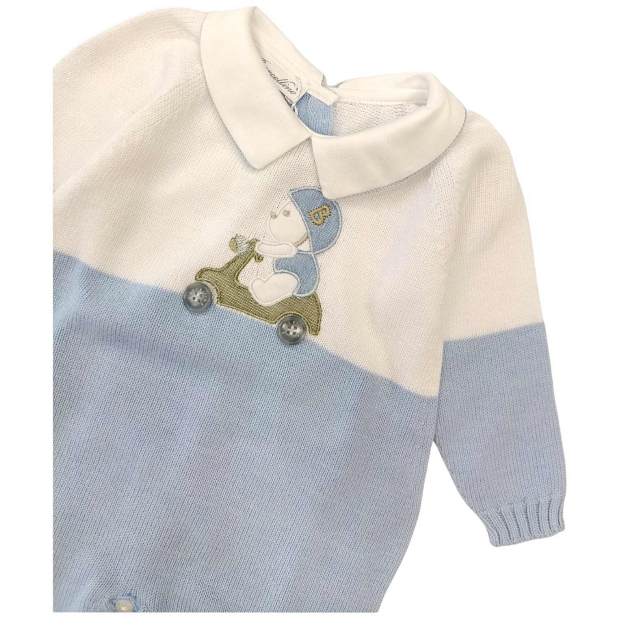 Barcellino - Tutina In Filo Celeste/bianco C/orso 110101